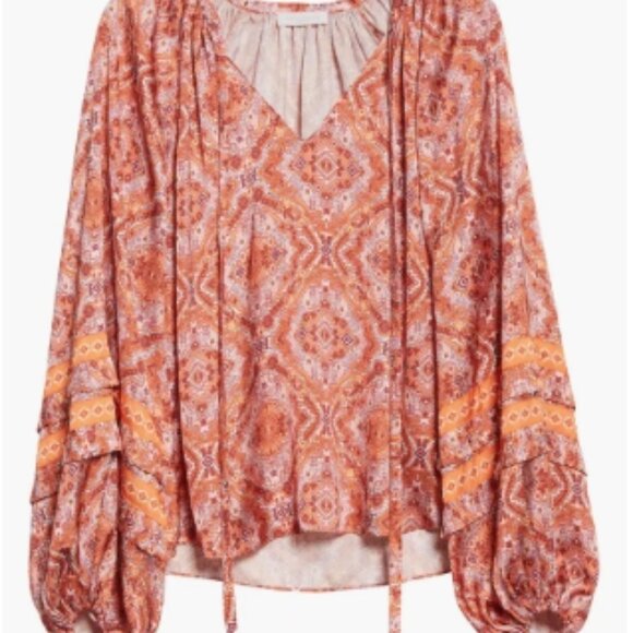 Ramy Brook Dailey Paisley Balloon-Sleeve Blouse Zinnia Orange S NWT - Picture 4 of 7